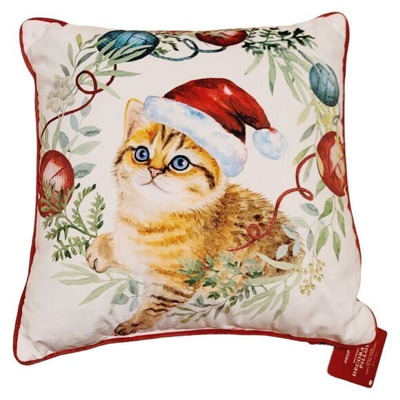 Vintage NWT Microsuede Throw Pillow Christmas Cat Wearing Santa Hat 18x18 - Picture 2 of 7